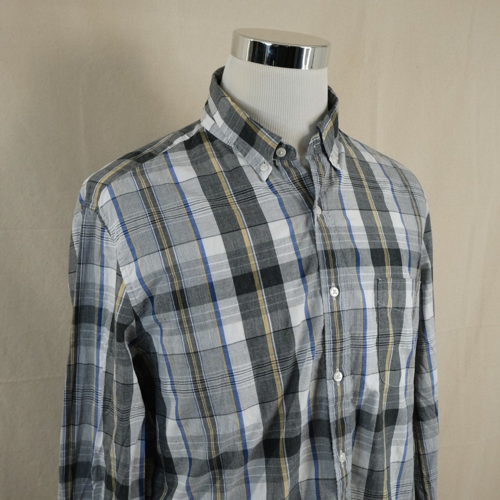 J. Crew Large Classic Fit Button Front Shirt Gray Plaid 100% Cotton Casual Mens